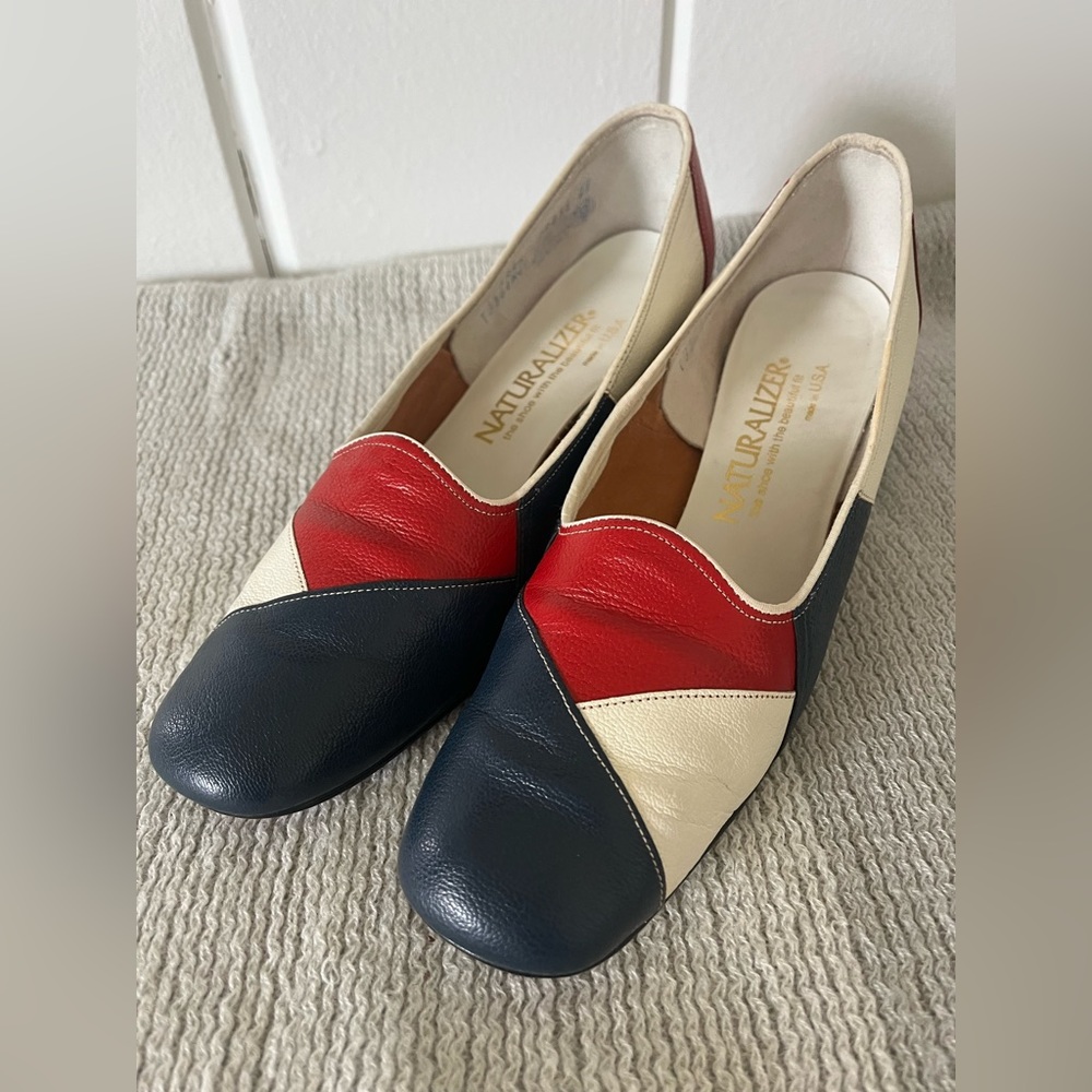 Nautralizer Womens Leather Heels/Pumps -Retro Red, White & Blue -7.5. Square Toe